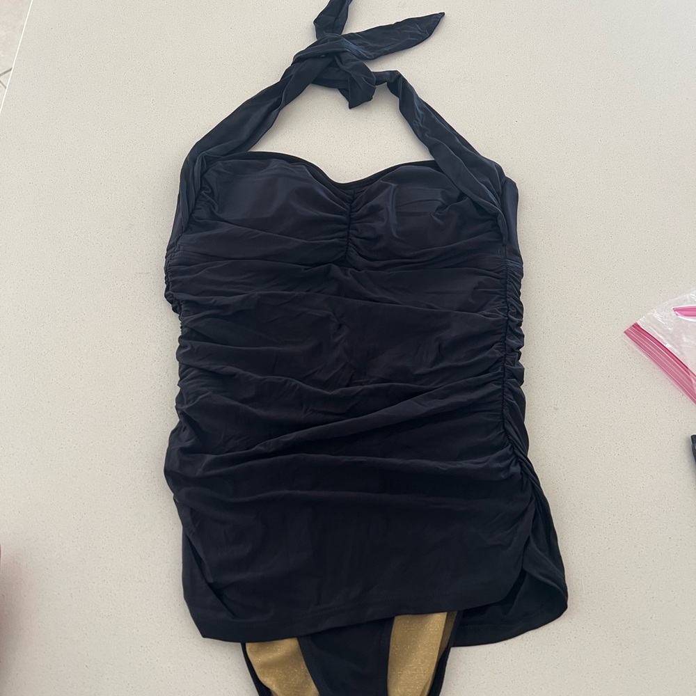 Athena Black sweetheart neck Halter Swimsuit with ruching